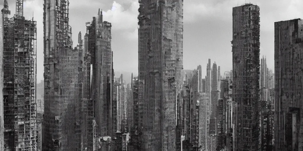 Prompt: brutalist skyscrapers, cinematic, directed by federico fellini, atmospheric