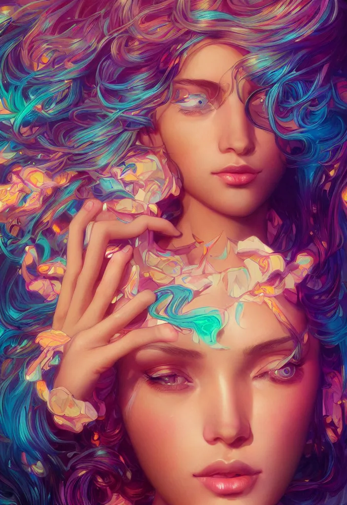 Image similar to beautiful, young woman, detailed gorgeous face, vaporwave aesthetic, synthwave, colorful, psychedelic, artstation, concept art, smooth, extremely sharp detail, finely tuned detail, ultra high definition, 8 k, unreal engine 5, ultra sharp focus, illustration, art by artgerm, greg rutkowski and alphonse mucha