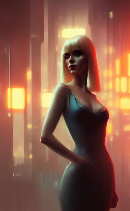 Prompt: hyper - realistic, digital matte painting of an attractive blonde femme fatale woman, blade runner environment, cinematic lighting, 4 k textures, sharp focus, by greg rutkowski, by ilya kuvshinov, by eric - anthony johnson