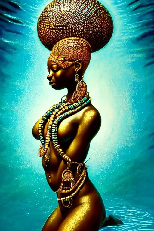 Image similar to hyperrealistic full body very expressive! translucent african goddess, cinematic underwater scene, gold jewerly, highly detailed face, digital art masterpiece, smooth eric zener cam de leon, dramatic pearlescent turquoise light on one side, low angle uhd 8 k, shallow depth of field