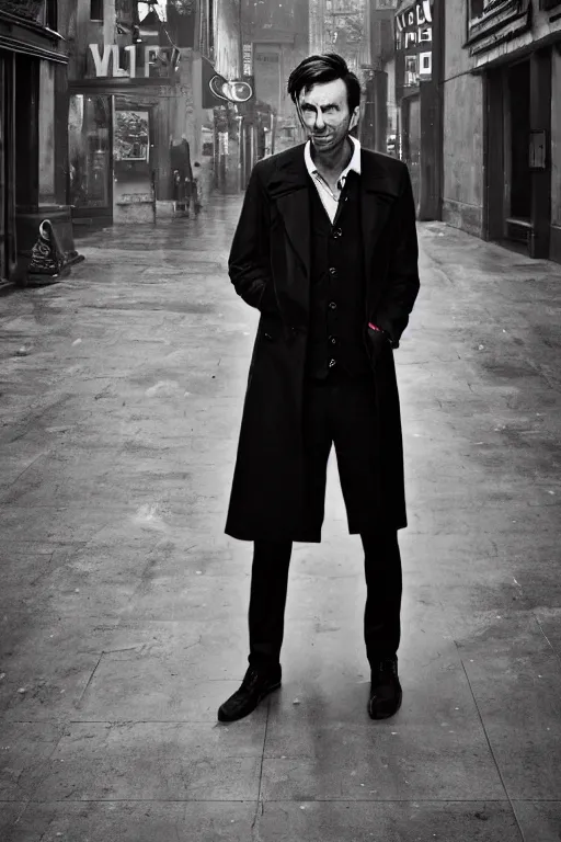 Prompt: photo of David Tennant as the 10th Doctor in the style of Peter Lindbergh,