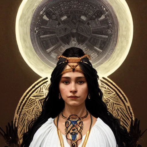 Image similar to portrait of a proud aztec moon goddess, with white skin, black dress, intricate, elegant, highly detailed, digital painting, artstation, concept art, smooth, sharp focus, illustration, art by artgerm and greg rutkowski and alphonse mucha and william - adolphe bouguereau