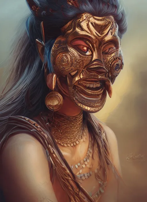 Image similar to a beautiful detailed oil on copper art illustration of a oni mask woman, centered, by charlie bowater, zeng fanzh, trending on artstation, dim dusk lighting, cinematic lighting, detailed lighting, volumetric lighting, realistic, f 8, 4 k hd wallpaper