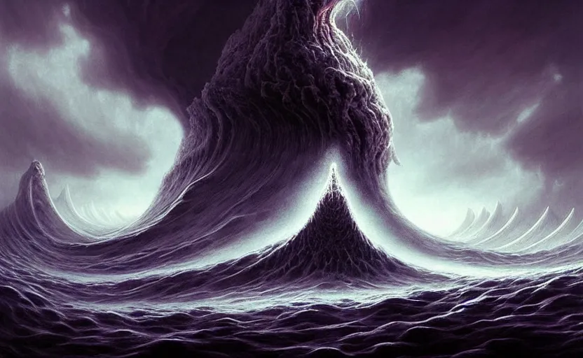 Image similar to beautiful digital fantasy illustration of a demon holding a staff!!, hellish background, a giant wave in the sky, apocalypse art!!!!, apocalypse landscape!!!!!, lovecraftian!!, cosmic horror!!!, concept art by Jarosław Jaśnikowski, a detailed matte painting by Dan Luvisi, cgsociety, fantasy art, highly detailed, soft lighting, rendered in octane, masterpiece, very very very aesthetic