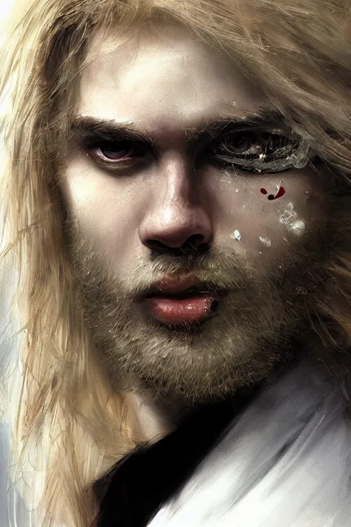 Image similar to blonde wild hair man with a little beard, one black eye - patch, plain white shirt, close - up portrait, powerfull, intricate, elegant, volumetric lighting, scenery, digital painting, highly detailed, artstation, sharp focus, illustration, concept art, ruan jia, steve mccurry