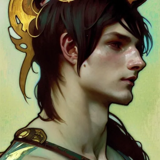 Image similar to Portrait of a pretty fantasy catboy with cat ears. Art by Greg Rutkowski and Alphonse Mucha