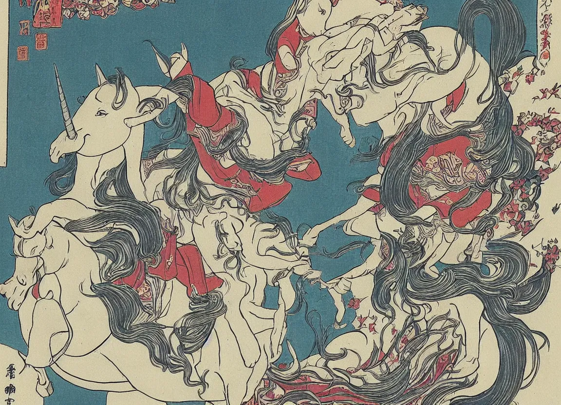 Image similar to woman riding a flying unicorn, japanese illustration