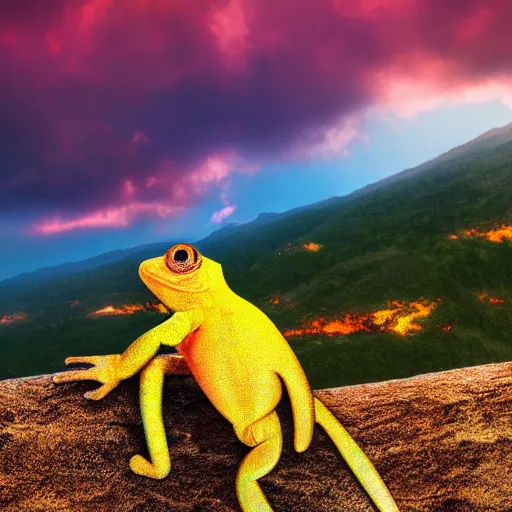 Image similar to golden chameleon hanging on a cliff by its tail, trying to catch rain drops, epic sunset skies in the background, very detailed digital art