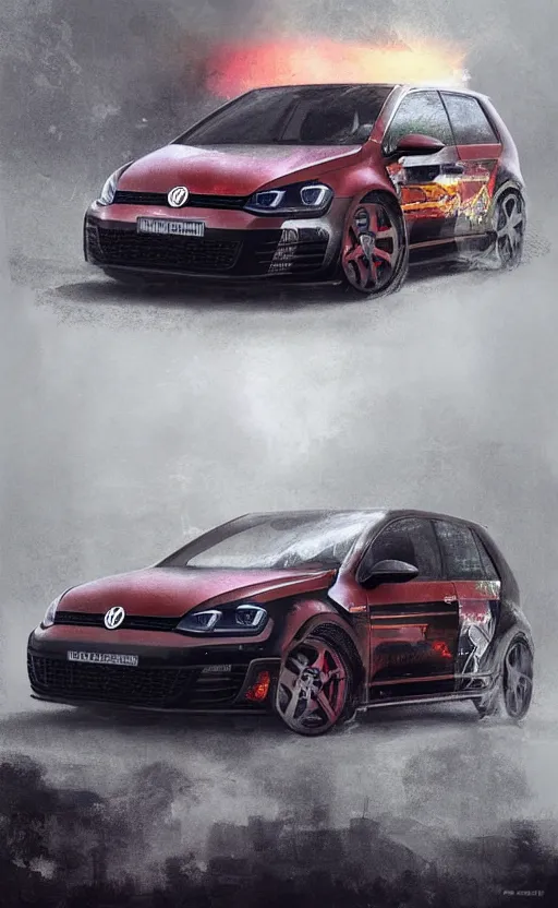Prompt: a beautiful artwork illustration, volkswagen golf gti inspired by slavic culture, volumetric fog, godrays, high contrast, high contrast, high contrast, vibrant colors, vivid colors, high saturation, by Greg Rutkowski and Jesper Ejsing and Raymond Swanland, featured on artstation, wide angle, vertical orientation