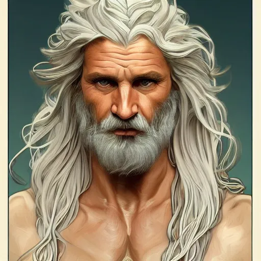 Image similar to painted portrait of rugged zeus, greek god, 4 0 years old, handsome, white hair, soft hair, upper body, muscular, hairy torso, fantasy, intricate, elegant, highly detailed, digital painting, artstation, concept art, smooth, sharp focus, illustration, art by alphonse mucha