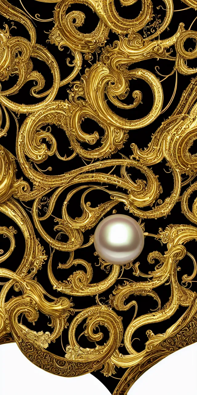 Image similar to subsurface scattering, seamless 3 d baroque gold and black pattern, beautiful dynamic shadows, gold silver iridescent pearls and swarovski crystals, symmetrical, rococo elements, damask pattern, swirls and spirals, dolce and gabanna, michelangelo, iris van herpen artstation, versace pattern, concept design art, octane render, 8 k