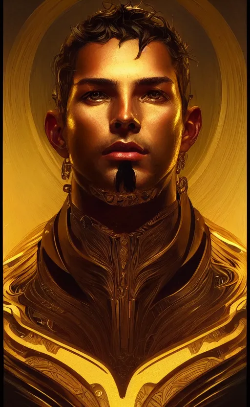 Prompt: portrait of a young handsome dark god, gold wires, three quarter view, intricate, headshot, highly detailed, digital painting, artstation, concept art, sharp focus, cinematic lighting, illustration, art by artgerm and greg rutkowski, alphonse mucha, cgsociety