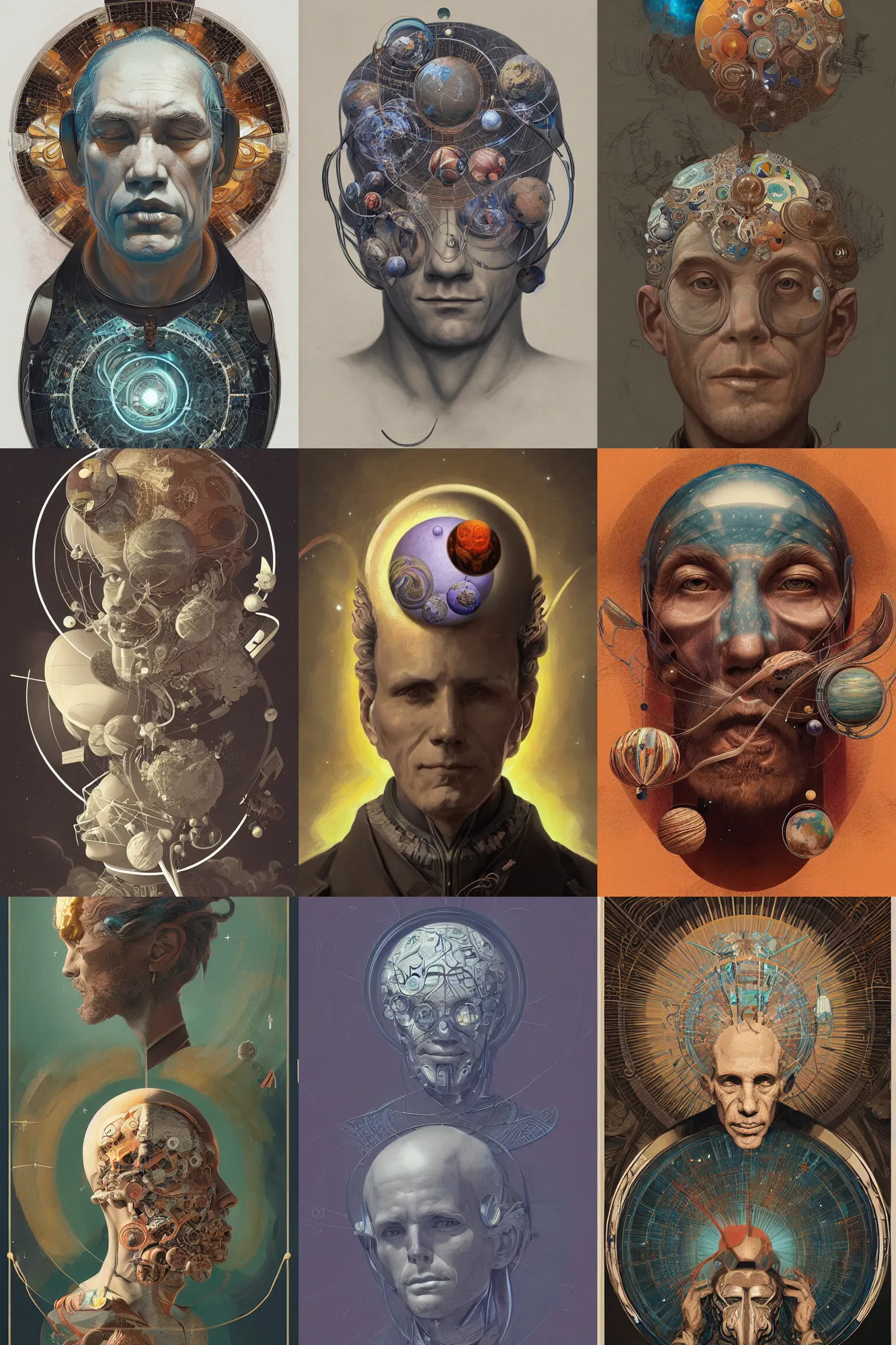 Prompt: A man with planets circulating around the head, art deco design, by Mandy Jurgens and Warhol, Ernst Haeckel, James Jean, artstation, concept art