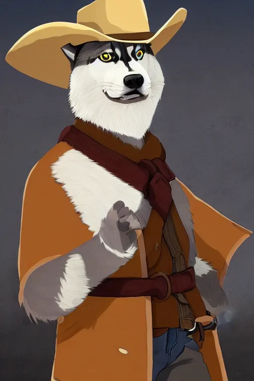 Image similar to a portrait painting of a husky in cowboy costume, wearing a cowboy hat, by studio ghibli, in the style of anime, [ red dead ], [ western film ], humanoid, personify, anthropomorphic, trending on artstation