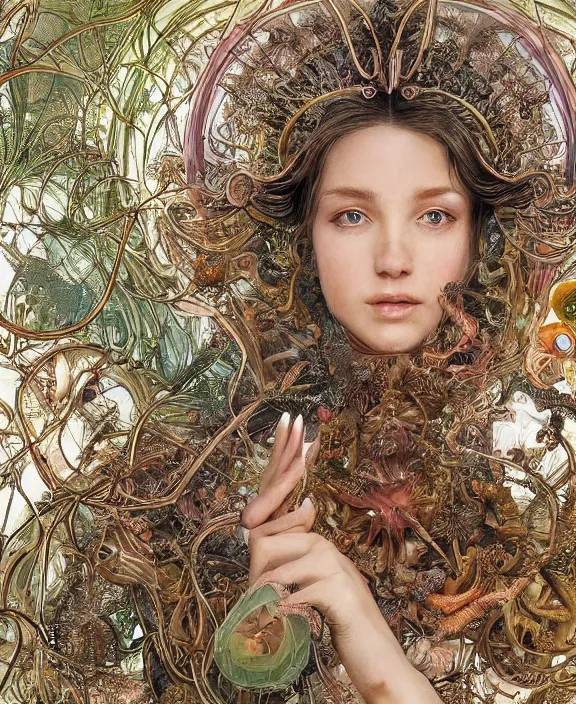 Image similar to intricate ornate opulent transparent clear see - through portrait of a playful beautiful starfish mollusk beetle, fractal, adorable, childlike, overgrown biopunk jungle environment, ultra realistic, concept art, art nouveau, photorealistic, octane render, 8 k, unreal engine. art by christopher marley and artgerm and greg rutkowski and alphonse mucha