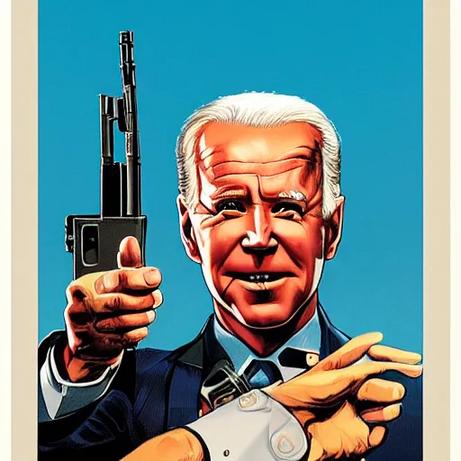 Image similar to propaganda poster of joe biden pointing gun directly at camera in james bond mobie, closeup of gun, visible barrel and grip by j. c. leyendecker, bosch, lisa frank, jon mcnaughton, and beksinski