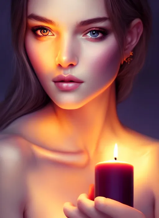 Image similar to a gorgeous female photo, professionally retouched, soft lighting, holding a candle, realistic, smooth face, perfect eyes, wide angle, sharp focus on eyes, 8 k high definition, insanely detailed, intricate, elegant, art by artgerm and wlop