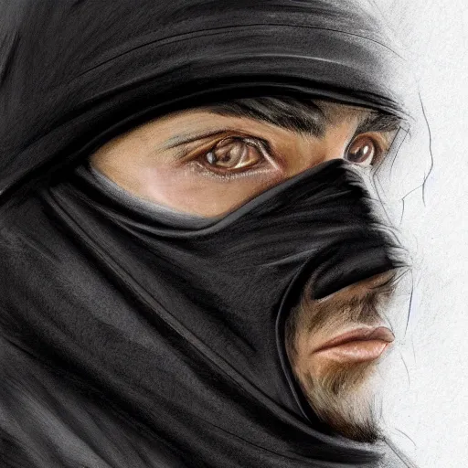 Prompt: a highly detailed headshot portrait of a man wearing a balaclava with a hoodie, concept art