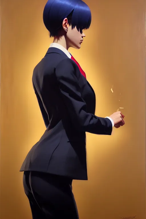 Image similar to a ultradetailed beautiful panting of a stylish woman wearing a oversized suit with a tie, oil painting, by ilya kuvshinov, greg rutkowski and makoto shinkai, trending on artstation