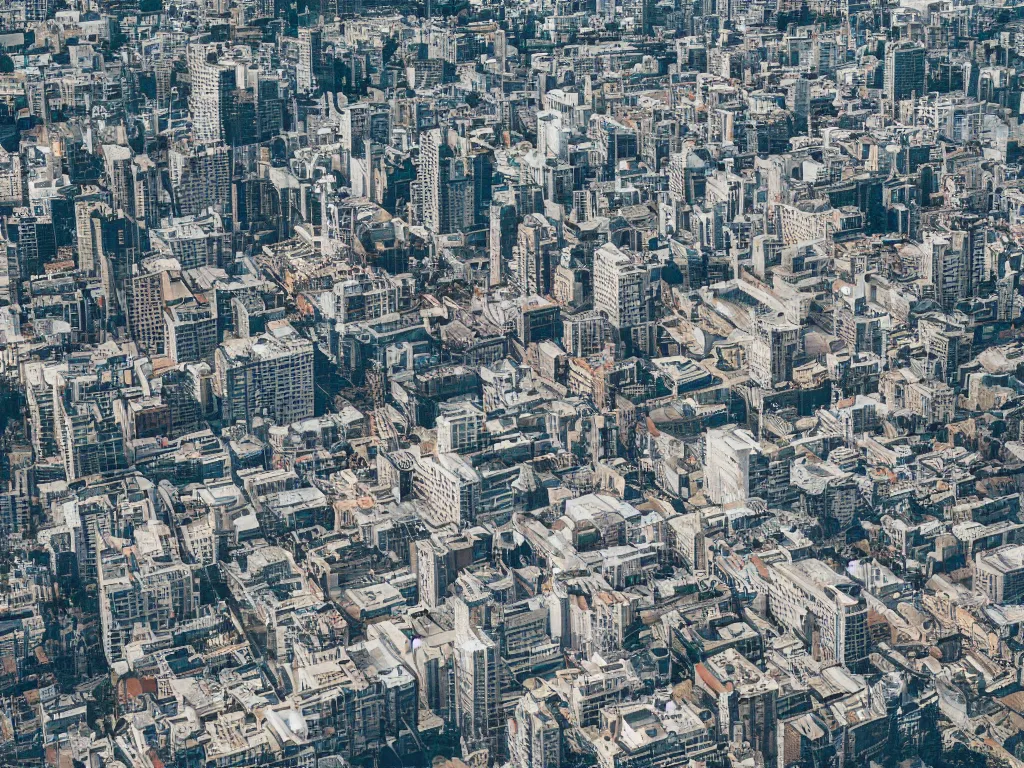 Image similar to drone view of a city, Brutalist concrete architecture, sharp focus,telephoto lens,digital art 4k