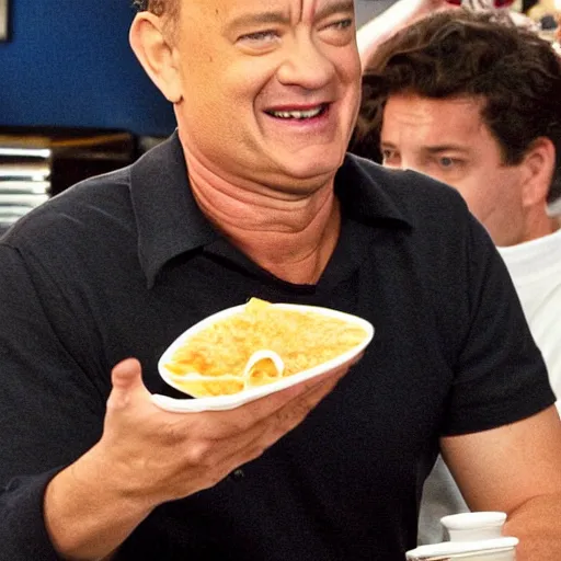 Prompt: Tom Hanks looking extremely happy while eating alone at Taco Bell