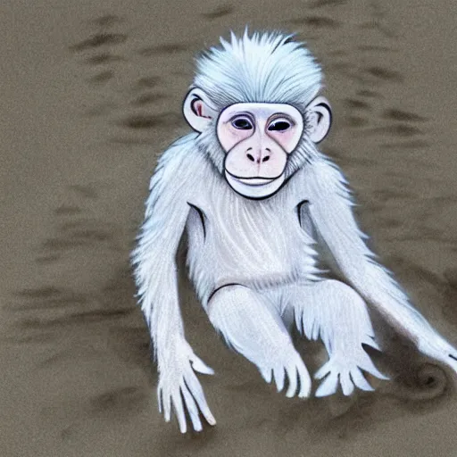Image similar to an albino monkey relaxing on the beach, kid draw style