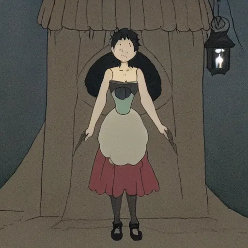 Prompt: a woman in a black corset holding a lantern at night, a screenshot by studio ghibli, tumblr, symbolism, mystical, enchanting, fantasy film