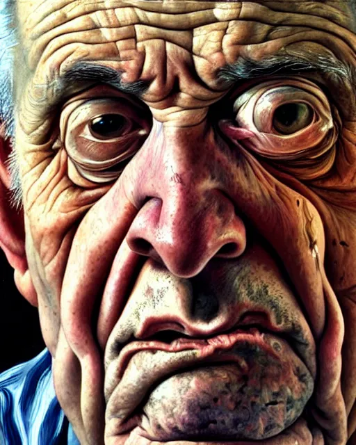 Image similar to an extreme close up portrait a very ordinary old man with an angry expression, side angle, by Lucian Freud and Jenny Saville, oil painting, anatomically correct, beautiful perfect face, visible brushstrokes, sharp focus, Highly Detailed, Cinematic Lighting, 8k, HD