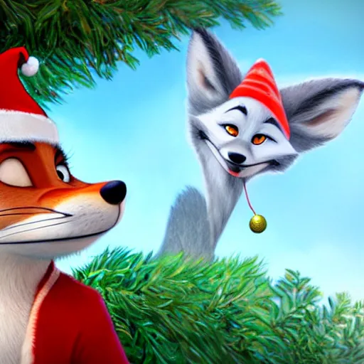 Prompt: fox wearing a santa hat, disney Zootopia concept artwork