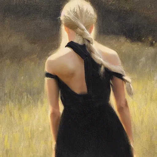 Prompt: blonde girl, pigtail braids, black dress, back view, shoulder tattoo, dramatic light, jeremy lipking, joseph todorovitch
