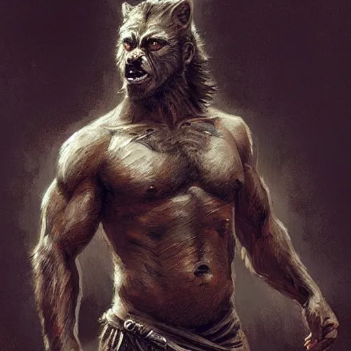 Prompt: Portrait of a rugged werewolf, male, muscular, detailed face, bare thighs!!!, tribal clothing!!!!!, fantasy, medieval, highly detailed, cinematic lighting, digital art painting by greg rutkowski