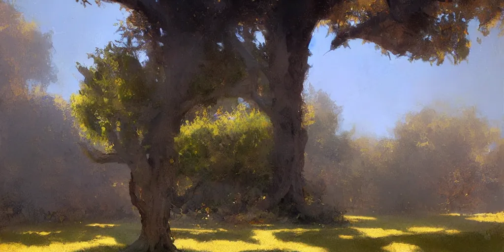 Image similar to digital art painting of a single tree in the middle of a front yard painted by craig mullins and gaston bussiere and greg rutkowski