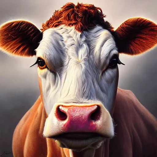 Prompt: digital painting of a guernsey cow by filipe pagliuso and justin gerard, symmetric, fantasy, highly, detailed, realistic, intricate