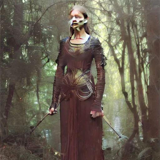 Prompt: a detailed, beautiful portrait oil painting of someone who looks an 1 8 - year old gemma ward, with a hurt expression, wearing intricate, full - plate iridescent armor in an ancient forest, by donato giancola, john williams waterhouse, and william adolphe bouguereau