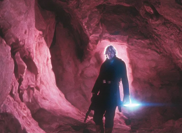 Image similar to detailed photo of Luke skywalker uncovering the secrets of the ancient jedi texts. a dark pink hazy ethereal cave from Indiana jones, screenshot from the 1983 film, Photographed with Leica Summilux-M 24 mm lens, ISO 100, f/8, Portra 400