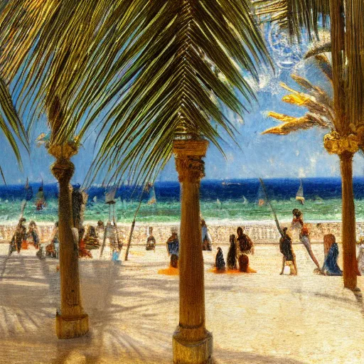 Image similar to a ultradetailed beautiful painting of the amazonas palace balustrade designed by jules bastien - lepage, hans belmer, frank weston and gustave baumann, beach, trending on artstation, mediterranean, palm trees, refracted color sparkles, sharp focus, soft light, 8 k 4 k