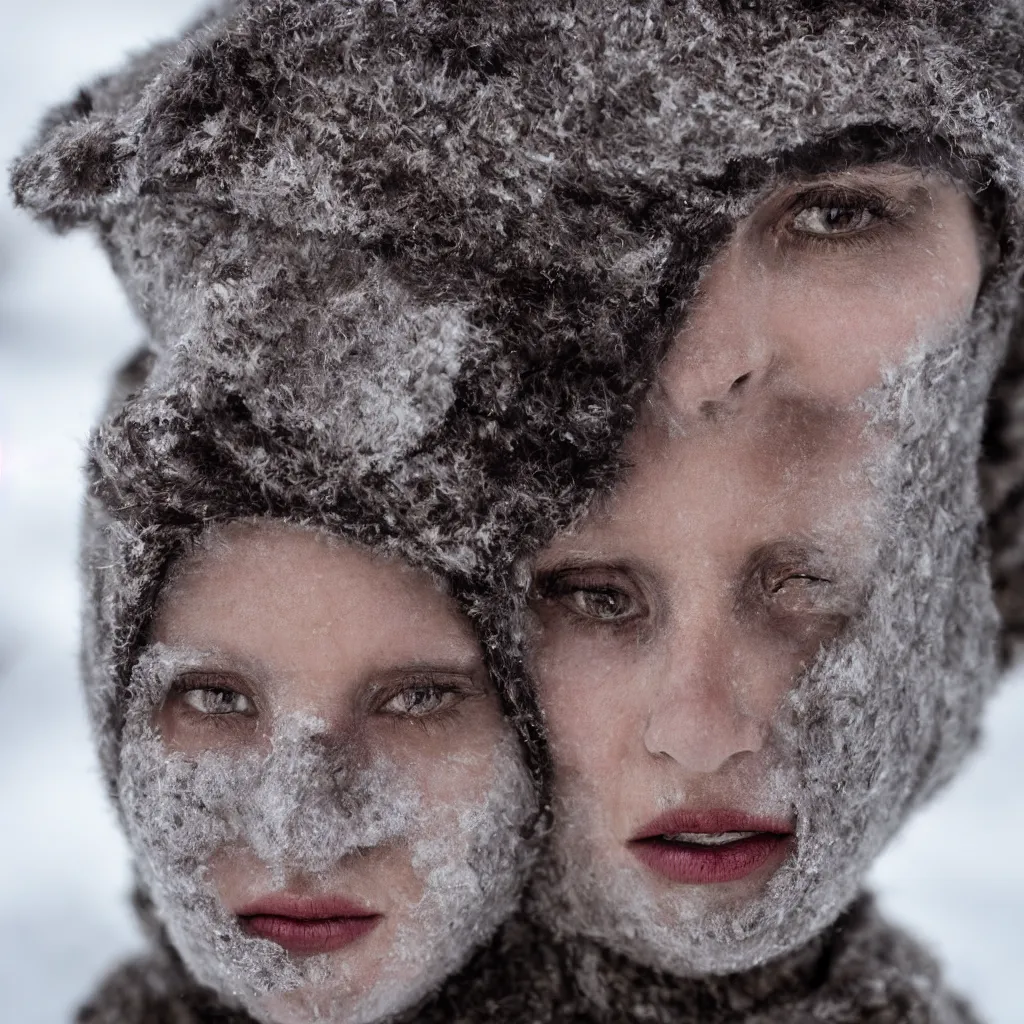 Prompt: highly detailed portrait photography gaze of a mad face, wearing a fine velvet silk face cover, in winter, 105mm f2.8 at the north pole