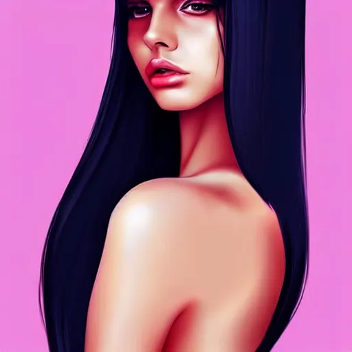 Prompt: attractive young woman, slim figure, perfect silky straight hair, smooth tan skin, dark circles under bemused eyes, hip emo fashion, pinterest, very interesting digital painting, beautiful portrait