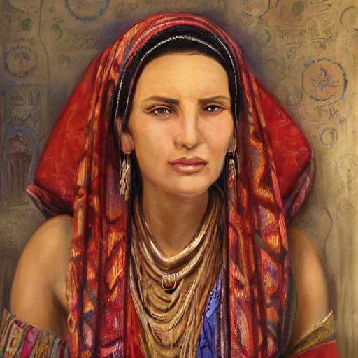 Image similar to portrait of a tunesian woman ( 3 5 ) from tunesia in 2 0 2 1, an oil painting by ross tran and thomas kincade