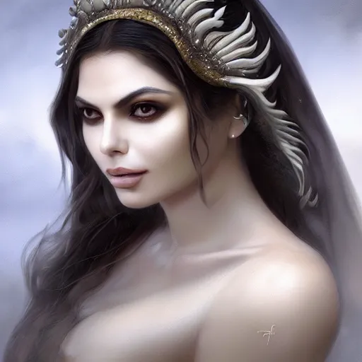 Prompt: portrait of sherlyn chopra, white horse, dreamy, fantasy, intricate, elegant, highly detailed, digital painting, artstation, concept art, matte, sharp focus, illustration, octane render, unreal engine, art by aenaluck and roberto ferri and greg rutkowski, epic fantasy, digital painting