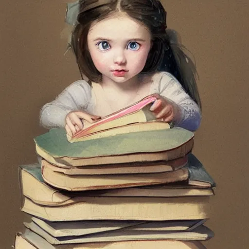 Image similar to a cute little girl with a round cherubic face, blue eyes, and short wavy light brown hair sitting on top of a stack of books. beautiful cartoon painting with highly detailed face by quentin blake and greg rutkowski