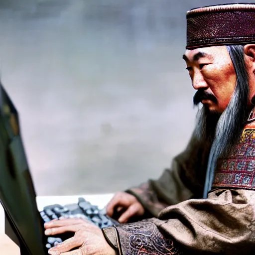 Prompt: genghis khan having trouble with his computer, perplexed, colorized, 8k, UHD