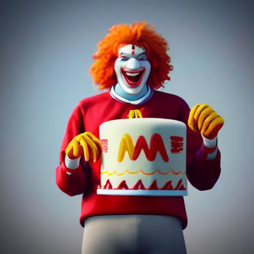 Image similar to Ronald Mcdonald with a birthday cake wearing a miami dolphins jersey, concept art, cgsociety, octane render, trending on artstation, unreal engine 8k,