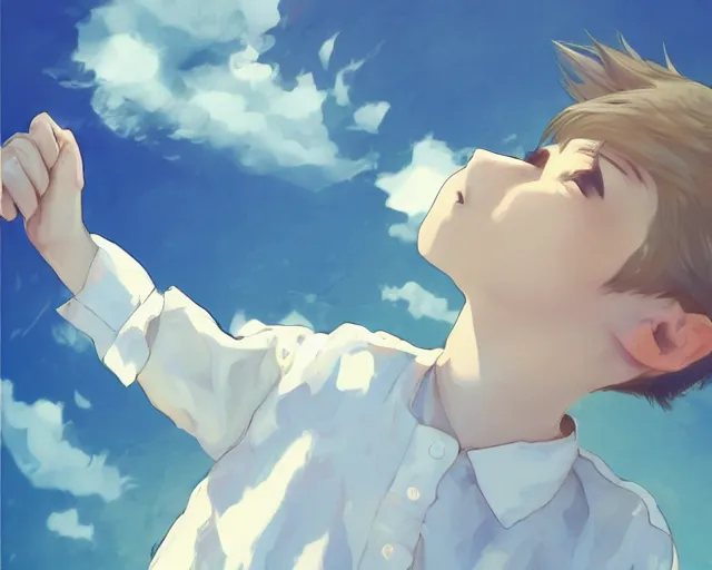 Image similar to boy looking at blue sky, wearing white shirt, facing away, low angle, sharp details, sharp focus, highly detailed, illustration, by pine ( ハイネ ) and 薯 子 imoko and 香 川 悠 作 and wlop and maya takamura, beautiful, trending artstation, pixiv, digital art