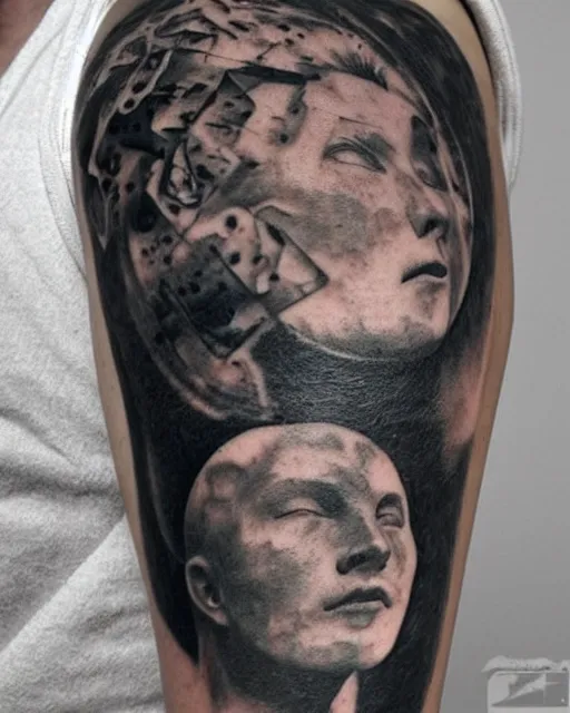 Image similar to planets on the top of a broken renaissance head statue, realism tattoo design, hyper - realistic, in the style of tony santos