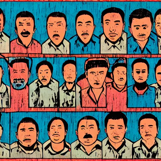 Image similar to uyghurs behind bars, in the style of daniel johnston and outsider art, 4k, overlaid with chinese text