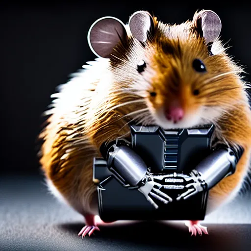 Image similar to uhd candid photo of a metal hamster cyborg android robot. photo by annie leibowitz