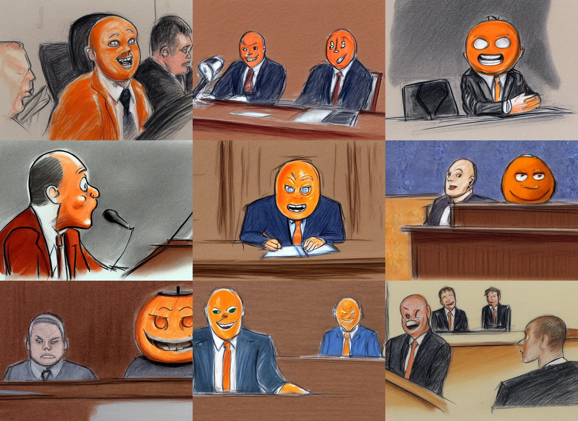 Prompt: courtroom sketch of the annoying orange in court, high quality