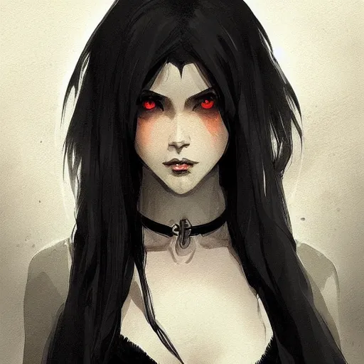 Image similar to female human vampire witch in the style of greg rutkowski, makoto shinkai, trending on artstation, character design, concept art, pretty face, highly detailed, long black hair, portrait, digital art