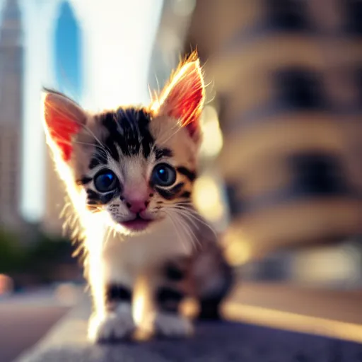 Prompt: a cute small kitten sitting in the middle of a busy street with skyscrapers, low angle camera, cinematic, very detailed, 4 k, depth of field